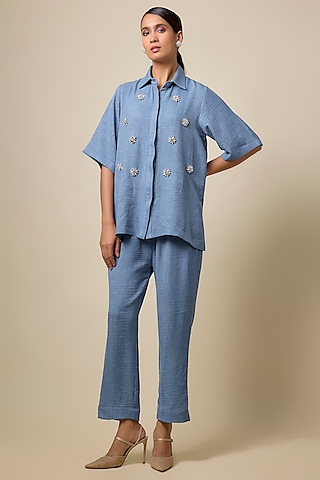 Blue Viscose Blend Rhinestone Embroidered Co-Ord Set by Kloset by KL