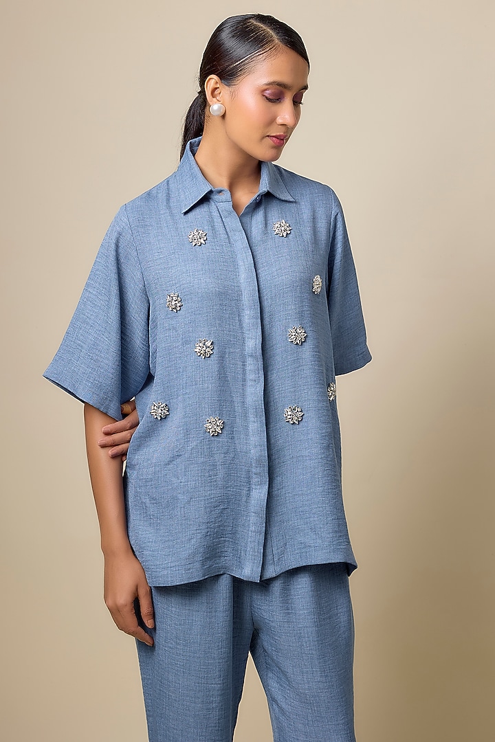 Blue Viscose Blend Rhinestone Embroidered Co-Ord Set by Kloset by KL at Pernia's Pop Up Shop