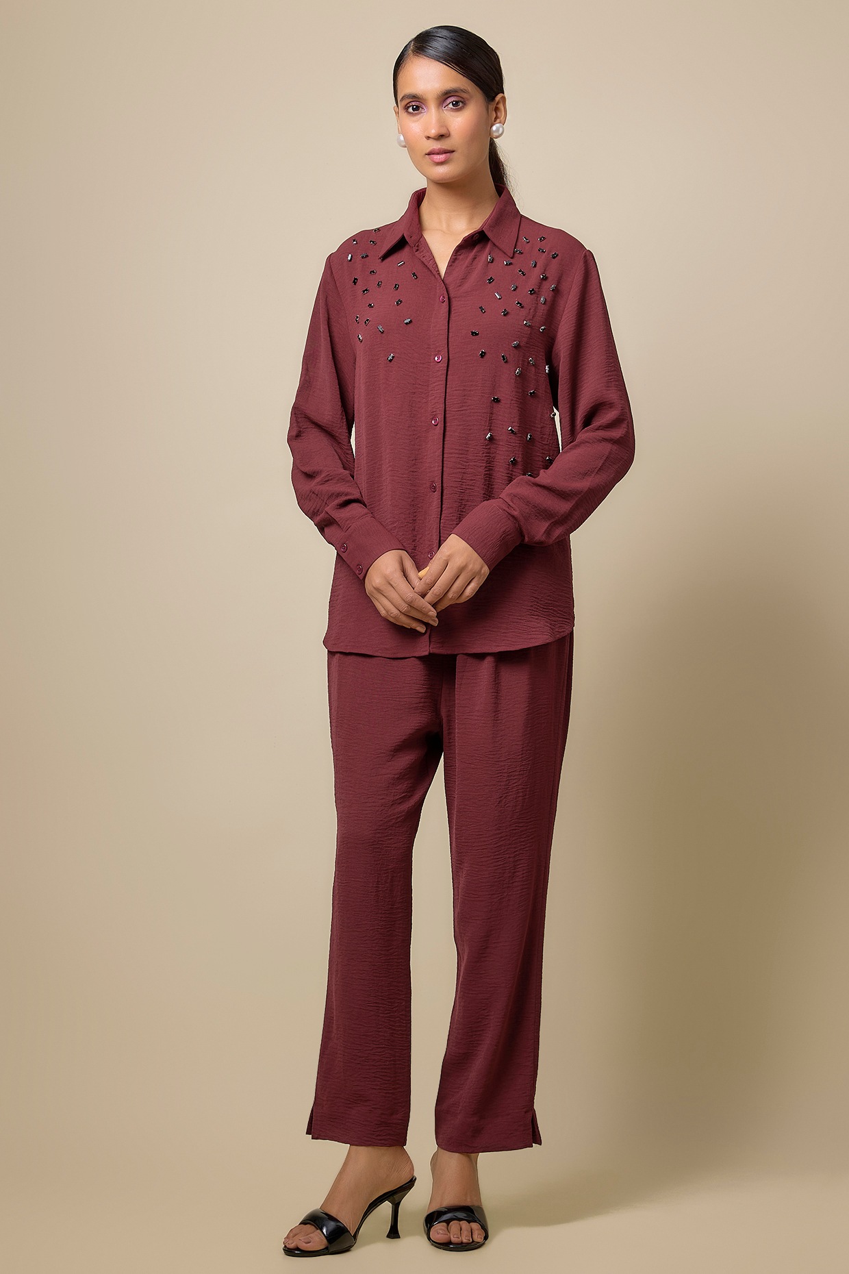 Maroon Viscose Blend Rhinestone Embroidered Co-Ord Set by Kloset by KL ...