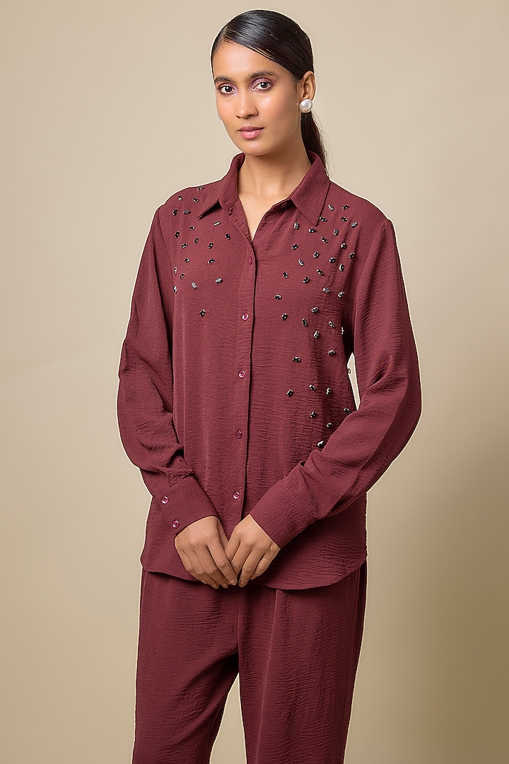 Maroon Viscose Blend Rhinestone Embroidered Co-Ord Set by Kloset by KL at Pernia's Pop Up Shop