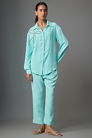Aqua Blue Viscose Blend Co-Ord Set by Kloset by KL
