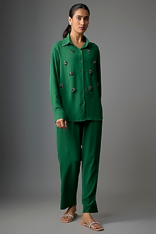 Dark Green Viscose Blend Co-Ord Set by Kloset by KL