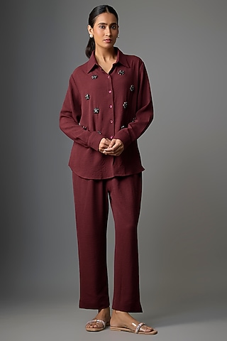 Maroon Viscose Blend Co-Ord Set by Kloset by KL