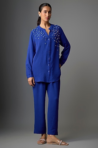 Royal Blue Viscose Blend Co-Ord Set by Kloset by KL