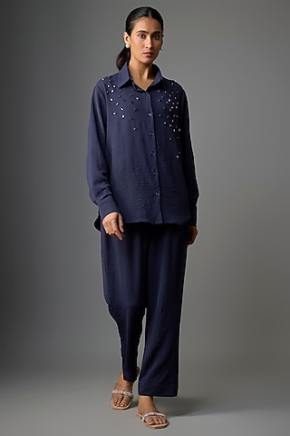 Navy Blue Viscose Blend Co-Ord Set by Kloset by KL