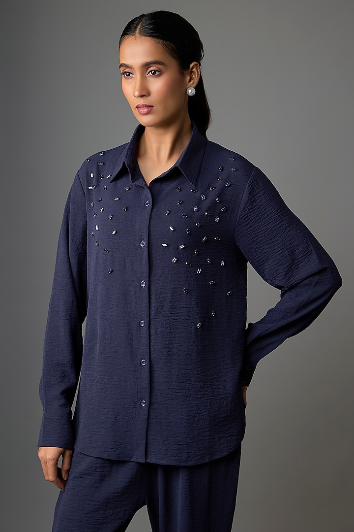 Navy Blue Viscose Blend Co-Ord Set by Kloset by KL at Pernia's Pop Up Shop