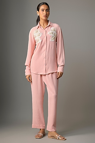 Pink Viscose Blend Floral Applique Co-Ord Set by Kloset by KL