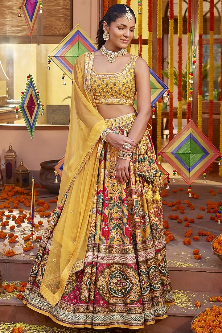 Multi-Colored Silk Gota Embroidered & Printed Wedding Lehenga Set by Kalista at Pernia's Pop Up Shop
