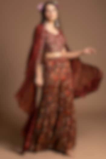 Maroon Viscose Georgette & Tabby Silk Floral Printed Gharara Set by Kalista