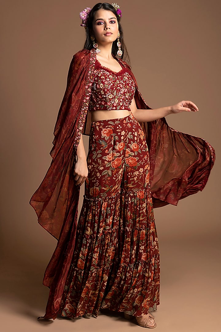 Maroon Viscose Georgette & Tabby Silk Floral Printed Gharara Set by Kalista