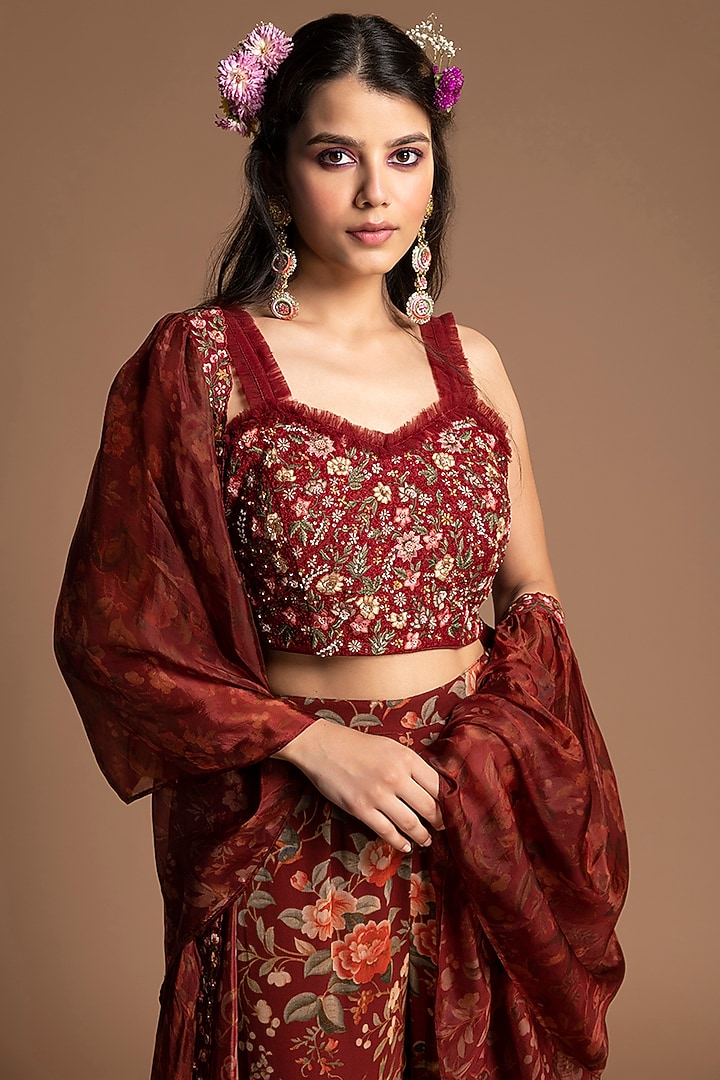 Maroon Viscose Georgette & Tabby Silk Floral Printed Gharara Set by Kalista at Pernia's Pop Up Shop