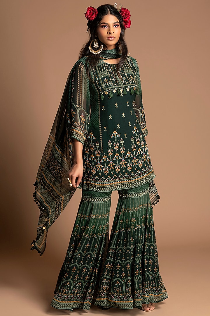 Emerald Green Viscose Georgette Floral Printed & Embroidered Gharara Set by Kalista
