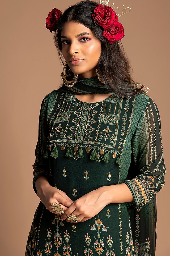 Emerald Green Viscose Georgette Floral Printed & Embroidered Gharara Set by Kalista at Pernia's Pop Up Shop