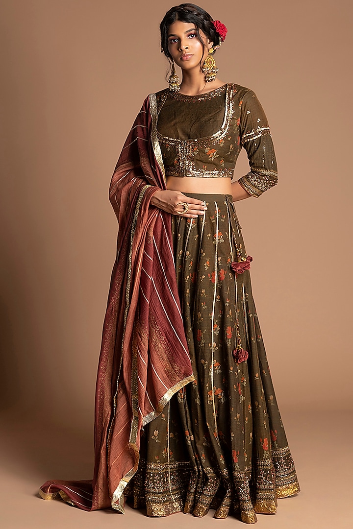 Brown & Green Embroidered Gharara Set by Kalista