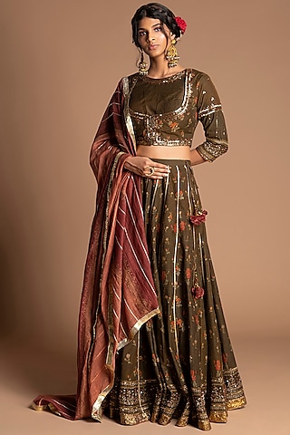 Brown & Green Embroidered Gharara Set by Kalista
