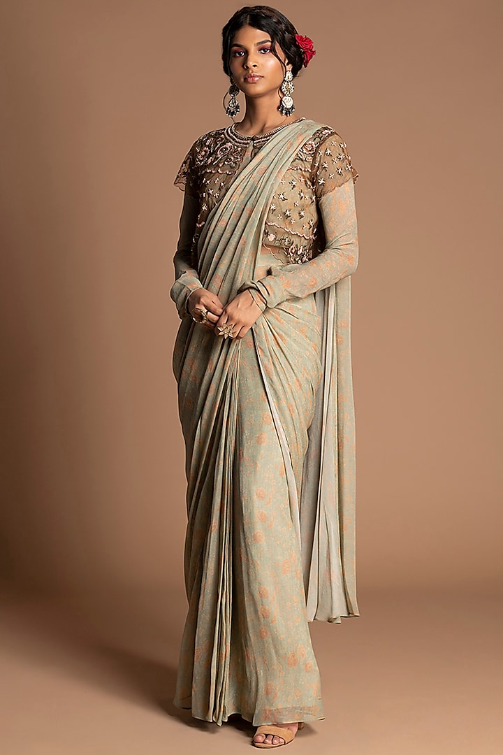 Mint Embroidered Pre-Stitched Saree Set by Kalista