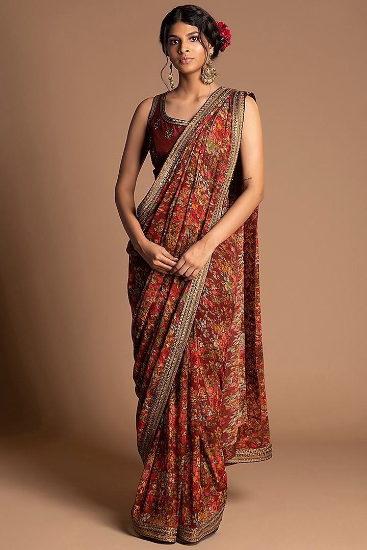 Maroon Embroidered Pre-Stitched Saree Set by Kalista