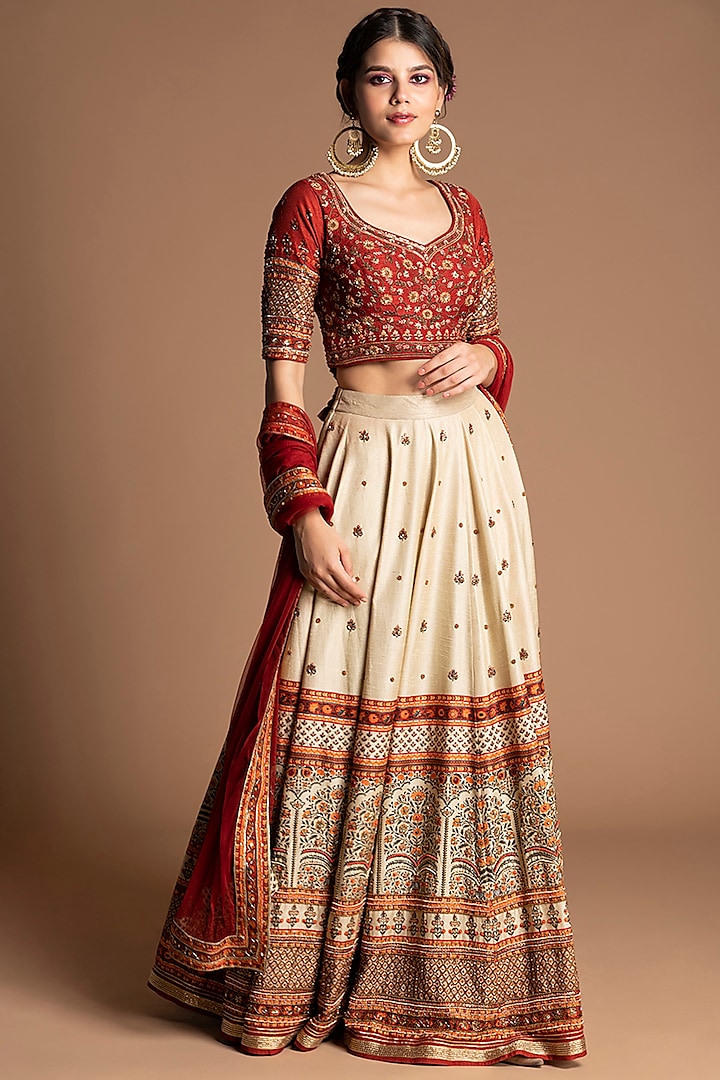 Cream Floral Embroidered Lehenga Set by Kalista