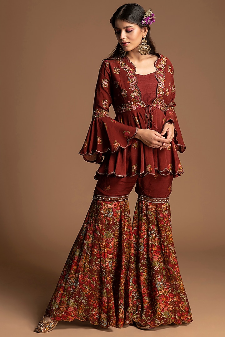 Plum Red Embroidered Gharara Set by Kalista