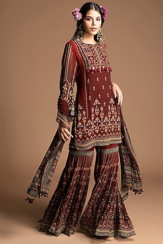Maroon Viscose Georgette Floral Embroidered Gharara Set by Kalista
