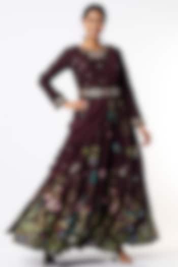 Wine Embroidered Gown With Draped Dupatta by Kalista
