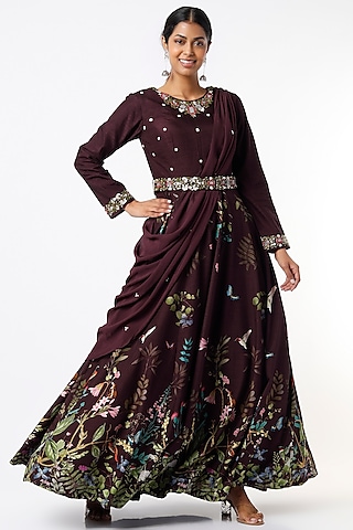 Wine Embroidered Gown With Draped Dupatta by Kalista