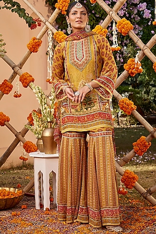 Yellow Viscose Georgette Gharara Set by Kalista