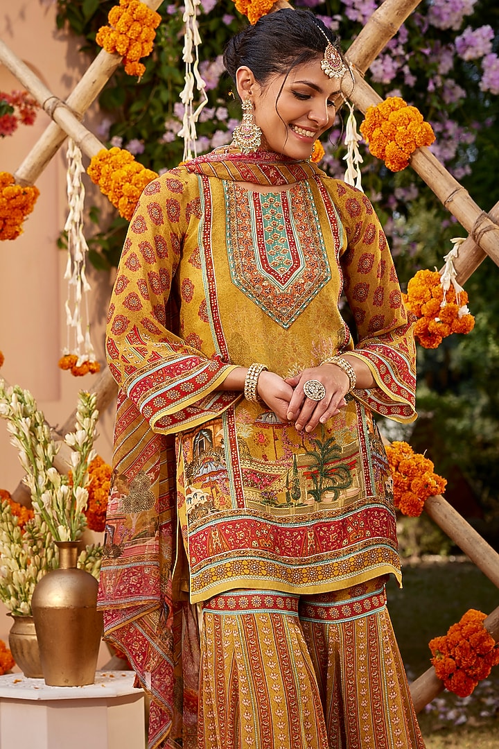 Yellow Viscose Georgette Gharara Set by Kalista at Pernia's Pop Up Shop