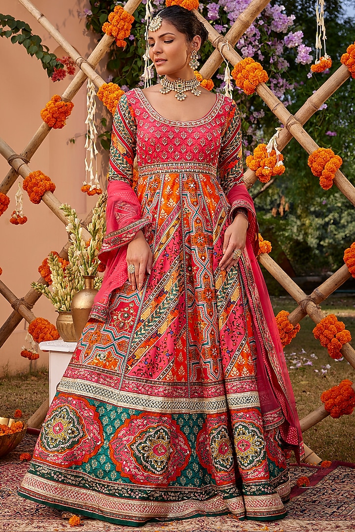 Multi-Colored Silk Gota Embroidered & Printed Anarkali Set by Kalista