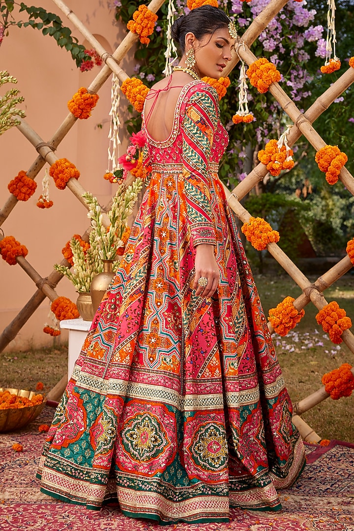 Multi-Colored Silk Gota Embroidered & Printed Wedding Anarkali Set by Kalista at Pernia's Pop Up Shop