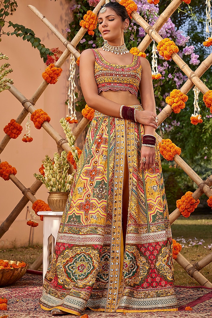 Multi-Colored Raw Silk Sequins Embroidered & Printed Lehenga Set by Kalista