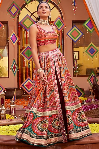 Multi-Colored Raw Silk Sequins Embroidered & Printed Lehenga Set by Kalista