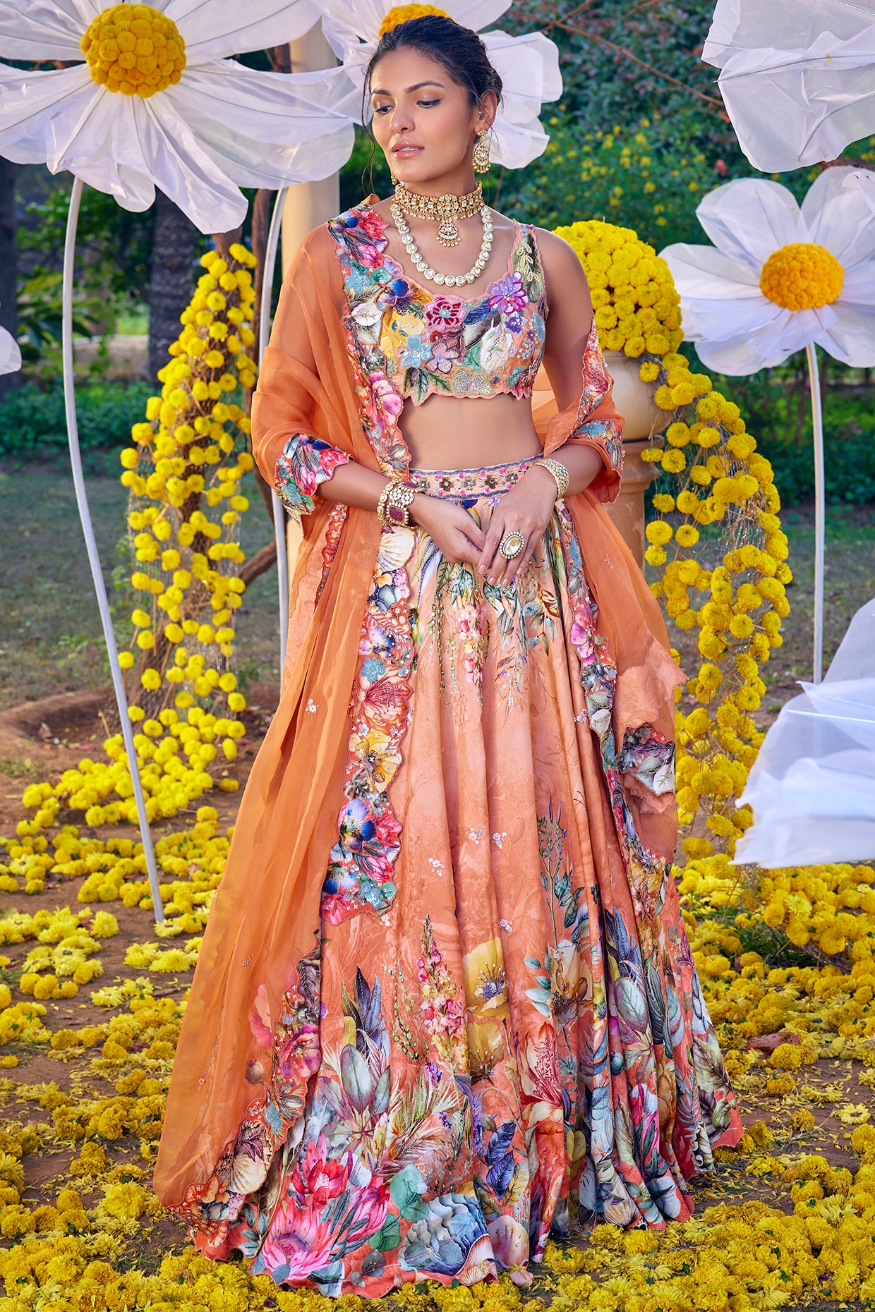 Buy Peach Pink Lehenga And Crop Top Set In Georgette With Lucknowi Thread  And Mirror Work KALKI Fashion India