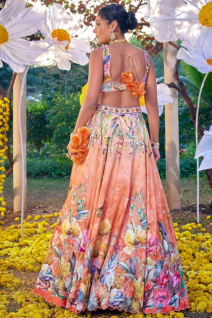 Peach Raw Silk Applique Work Wedding Lehenga Set by Kalista at Pernia's Pop Up Shop