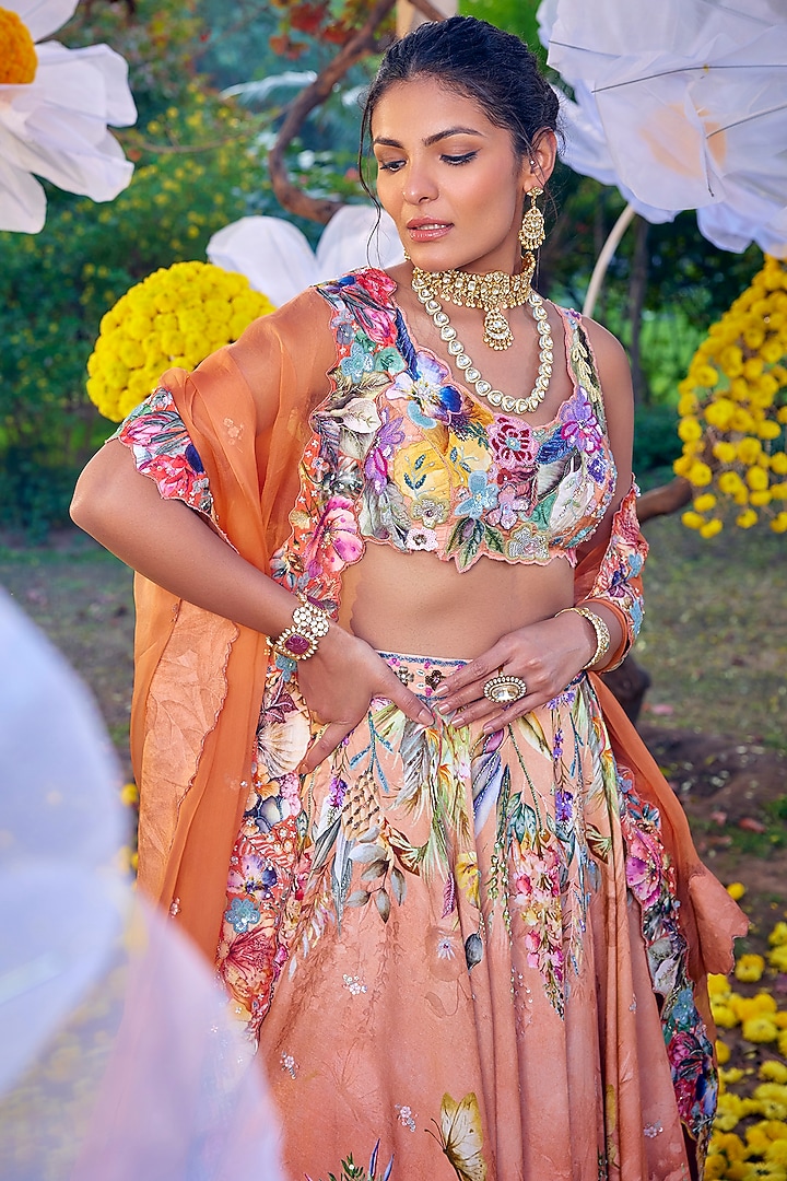 Peach Raw Silk Applique Work Wedding Lehenga Set by Kalista at Pernia's Pop Up Shop