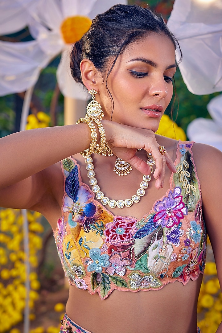 Peach Raw Silk Applique Work Wedding Lehenga Set by Kalista at Pernia's Pop Up Shop