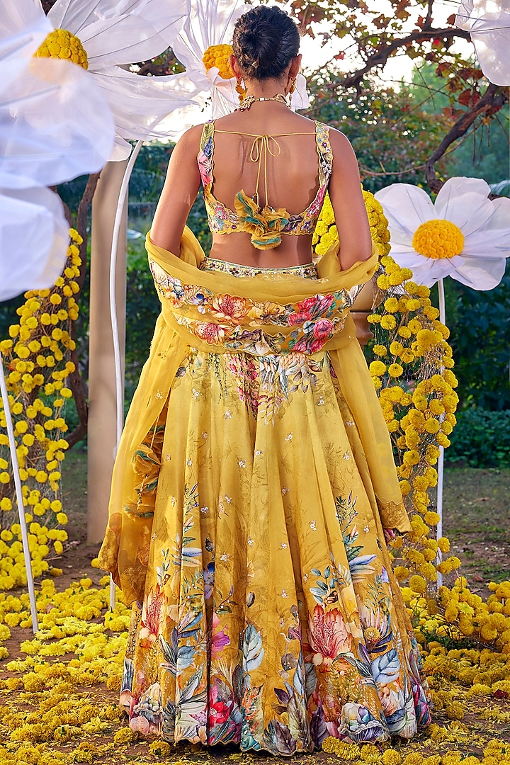 Yellow Raw Silk Applique Work Wedding Lehenga Set by Kalista at Pernia's Pop Up Shop