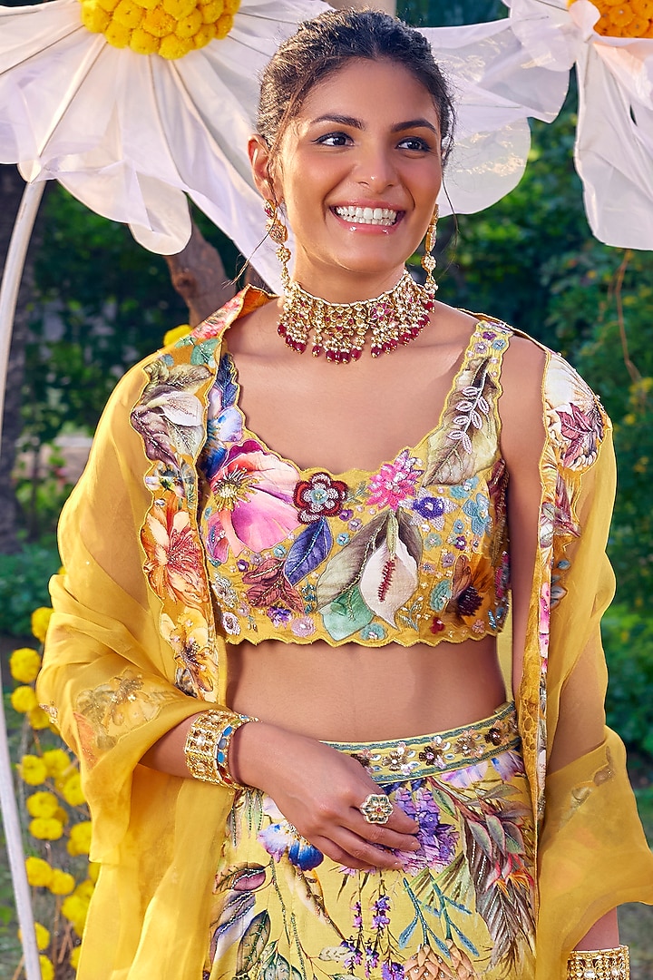 Yellow Raw Silk Applique Work Wedding Lehenga Set by Kalista at Pernia's Pop Up Shop