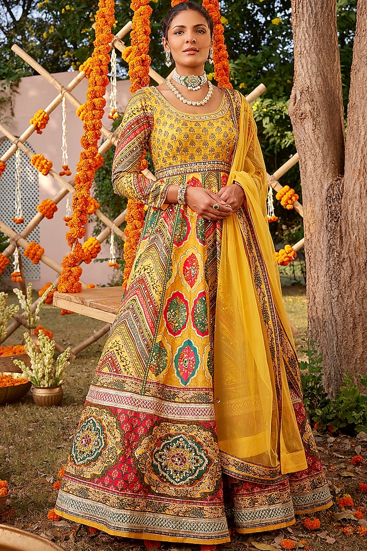Yellow Silk Gota Embroidered & Printed Anarkali Set by Kalista