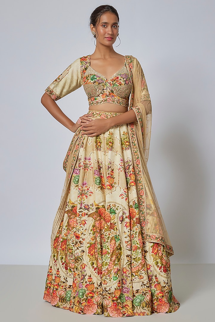 Beige Viscose Silk Wedding Lehenga Set by Kalista at Pernia's Pop Up Shop