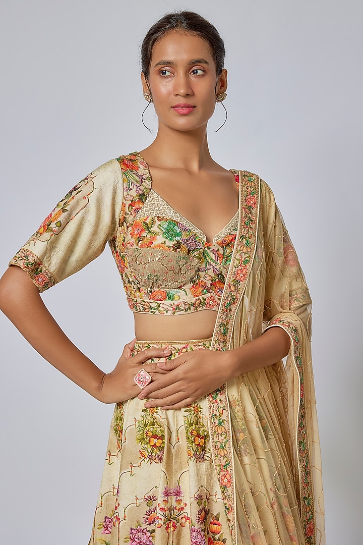 Beige Viscose Silk Wedding Lehenga Set by Kalista at Pernia's Pop Up Shop