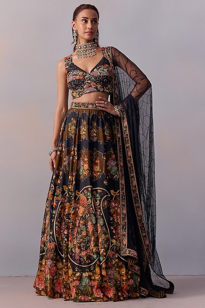 Black Viscose Silk Floral Motif Hand Embroidered Wedding Lehenga Set by Kalista at Pernia's Pop Up Shop