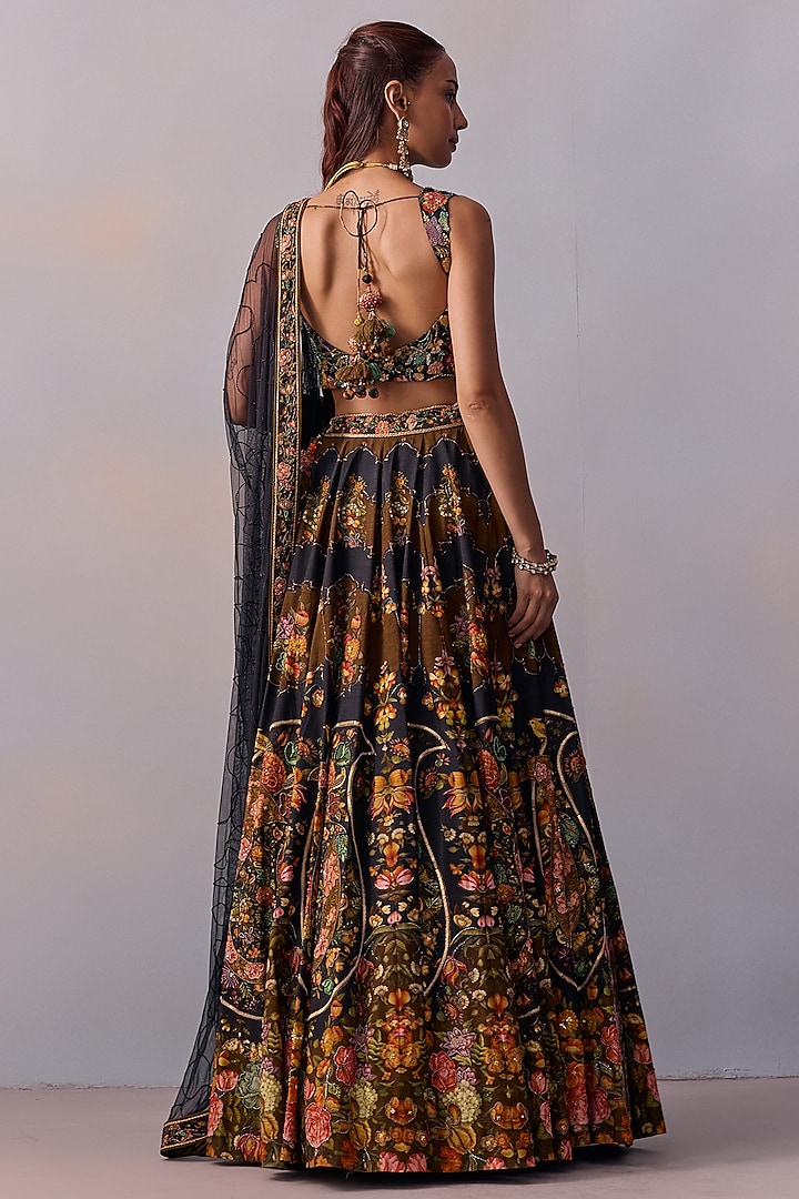Black Viscose Silk Floral Motif Hand Embroidered Wedding Lehenga Set by Kalista at Pernia's Pop Up Shop