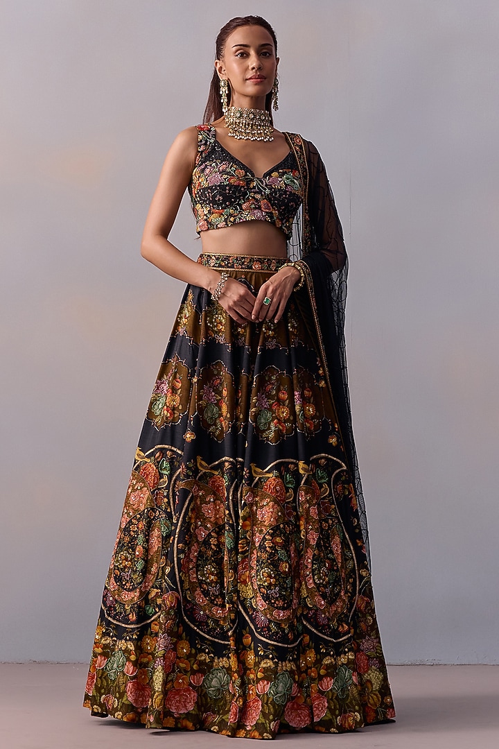 Black Viscose Silk Floral Motif Hand Embroidered Wedding Lehenga Set by Kalista at Pernia's Pop Up Shop