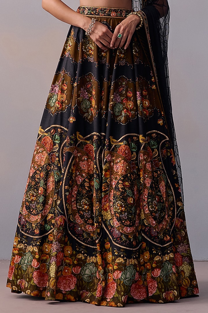 Black Viscose Silk Floral Motif Hand Embroidered Wedding Lehenga Set by Kalista at Pernia's Pop Up Shop