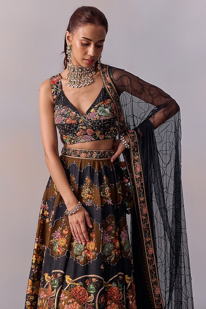 Black Viscose Silk Floral Motif Hand Embroidered Wedding Lehenga Set by Kalista at Pernia's Pop Up Shop