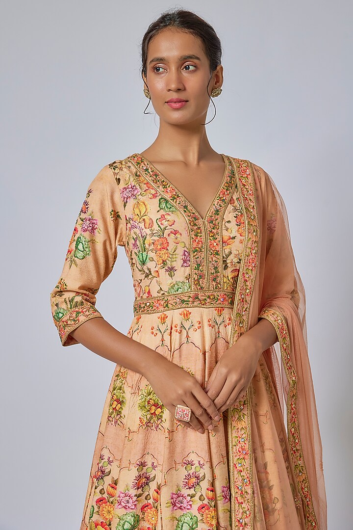 Light Peach Viscose Silk Wedding Anarkali Set by Kalista at Pernia's Pop Up Shop