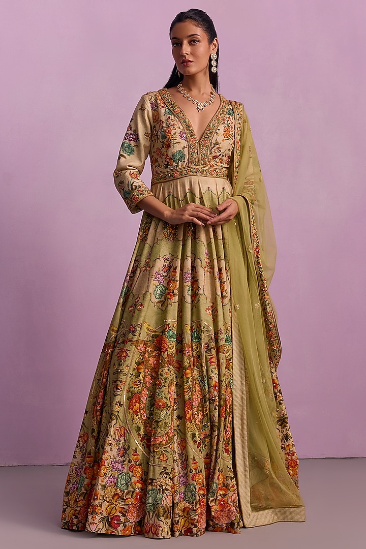 Cream & Pista Green Viscose Silk Embroidered Floral Anarkali Set by Kalista at Pernia's Pop Up Shop