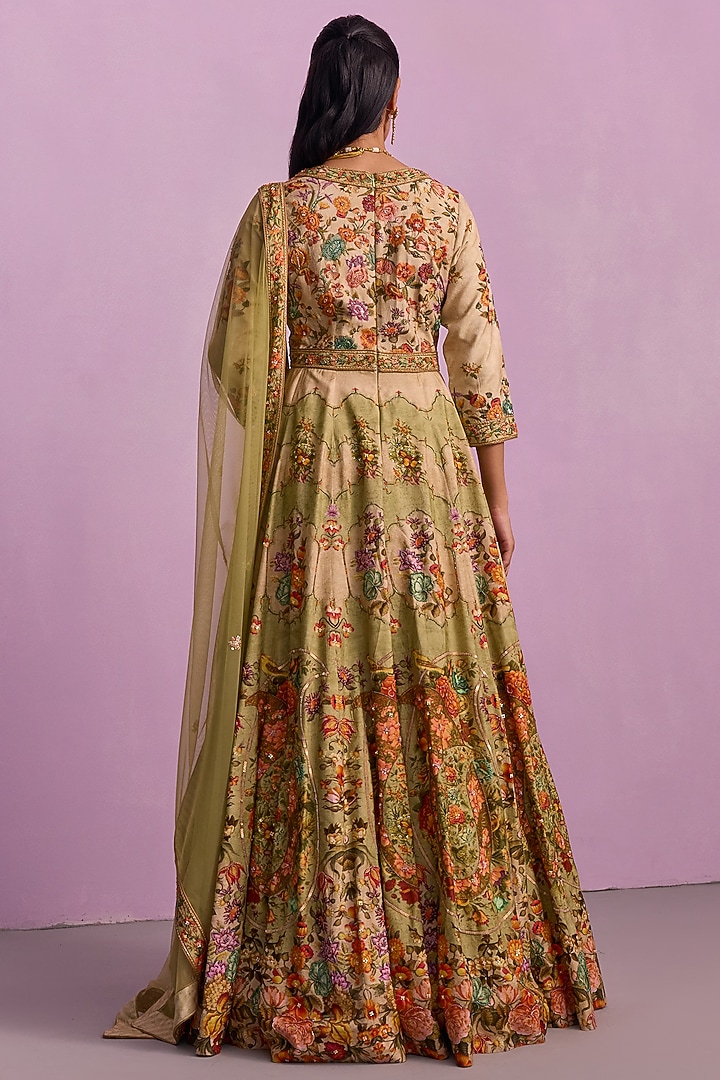 Cream & Pista Green Viscose Silk Embroidered Floral Wedding Anarkali Set by Kalista at Pernia's Pop Up Shop