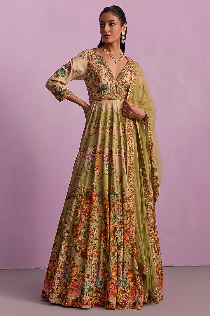 Cream & Pista Green Viscose Silk Embroidered Floral Wedding Anarkali Set by Kalista at Pernia's Pop Up Shop